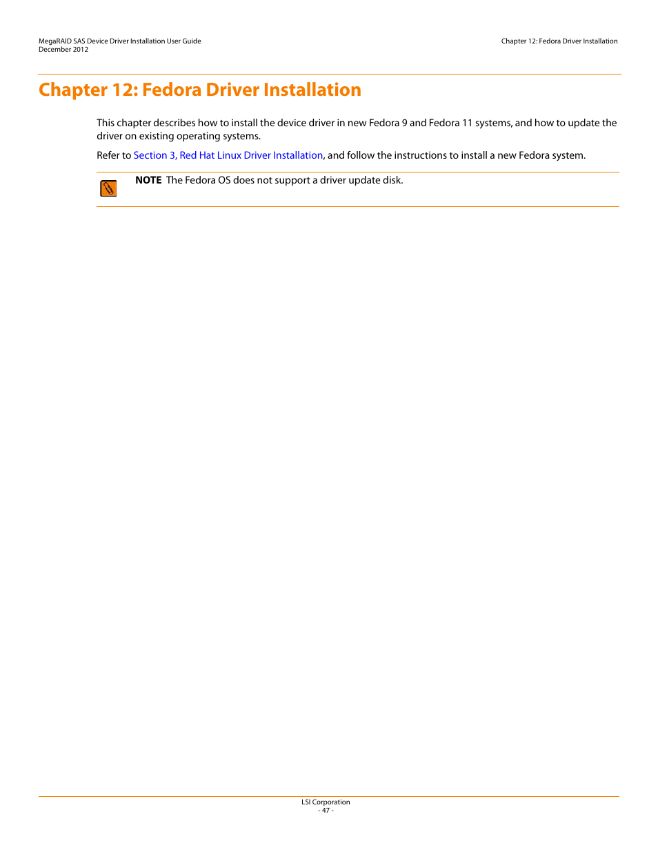 Chapter 12: fedora driver installation, Chapter 12 | Avago Technologies MegaRAID SAS 9240-4i User Manual | Page 47 / 49