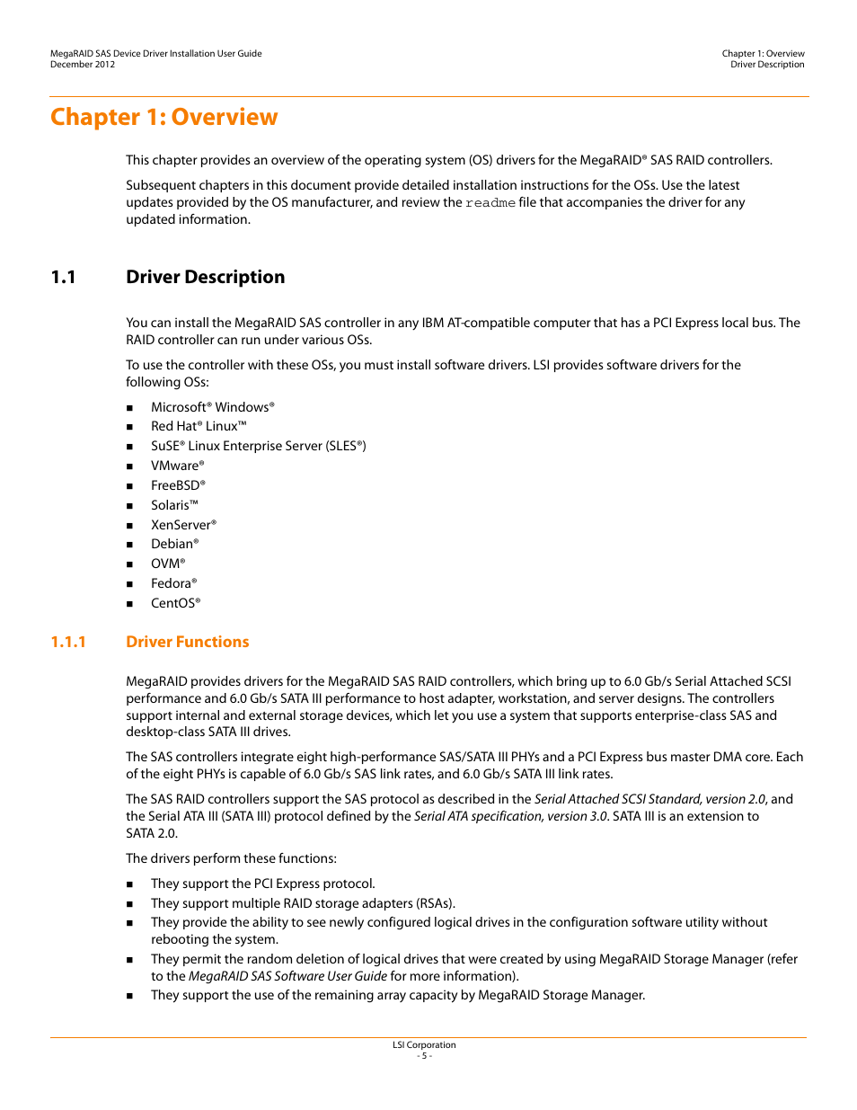 Chapter 1: overview, 1 driver description, 1 driver functions | Avago Technologies MegaRAID SAS 9240-4i User Manual | Page 5 / 49