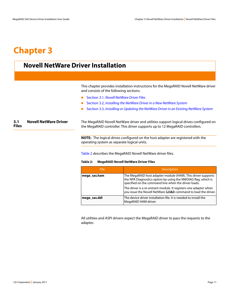 Novell netware driver installation, 1 novell netware driver files, Chapter 3: novell netware driver installation | Chapter 3 | Avago Technologies MegaRAID SAS 9240-4i User Manual | Page 11 / 28