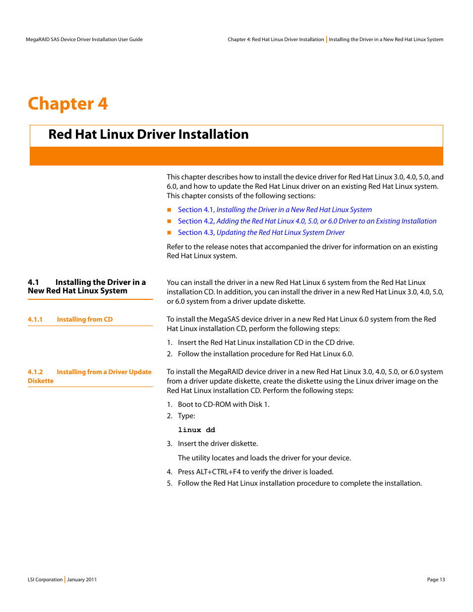 Red hat linux driver installation, 1 installing from cd, 2 installing from a driver update diskette | Chapter 4: red hat linux driver installation, Chapter 4 | Avago Technologies MegaRAID SAS 9240-4i User Manual | Page 13 / 28