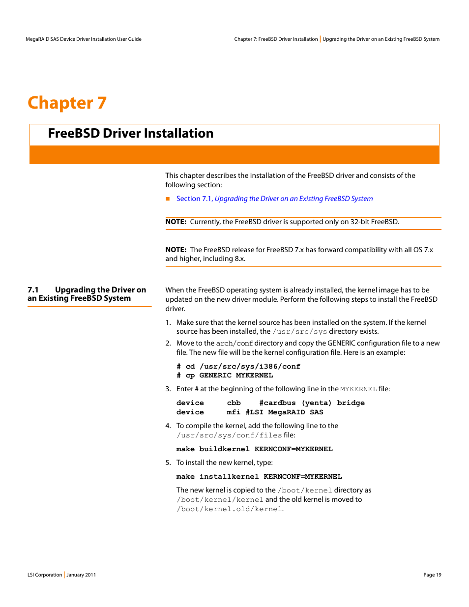 Freebsd driver installation, Chapter 7: freebsd driver installation, Chapter 7 | Avago Technologies MegaRAID SAS 9240-4i User Manual | Page 19 / 28