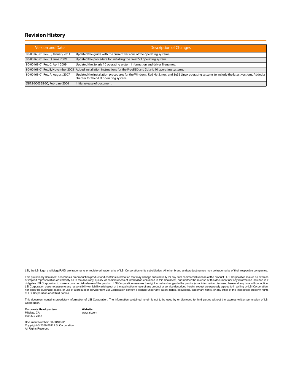 Revision history, Version and date description of changes | Avago Technologies MegaRAID SAS 9240-4i User Manual | Page 2 / 28