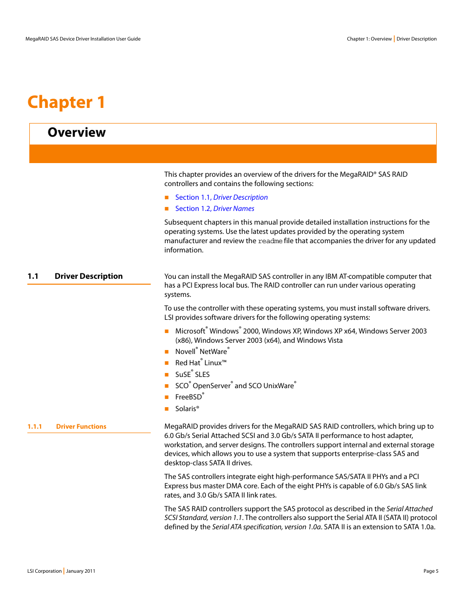 Overview, 1 driver description, 1 driver functions | Chapter 1: overview, Chapter 1 | Avago Technologies MegaRAID SAS 9240-4i User Manual | Page 5 / 28