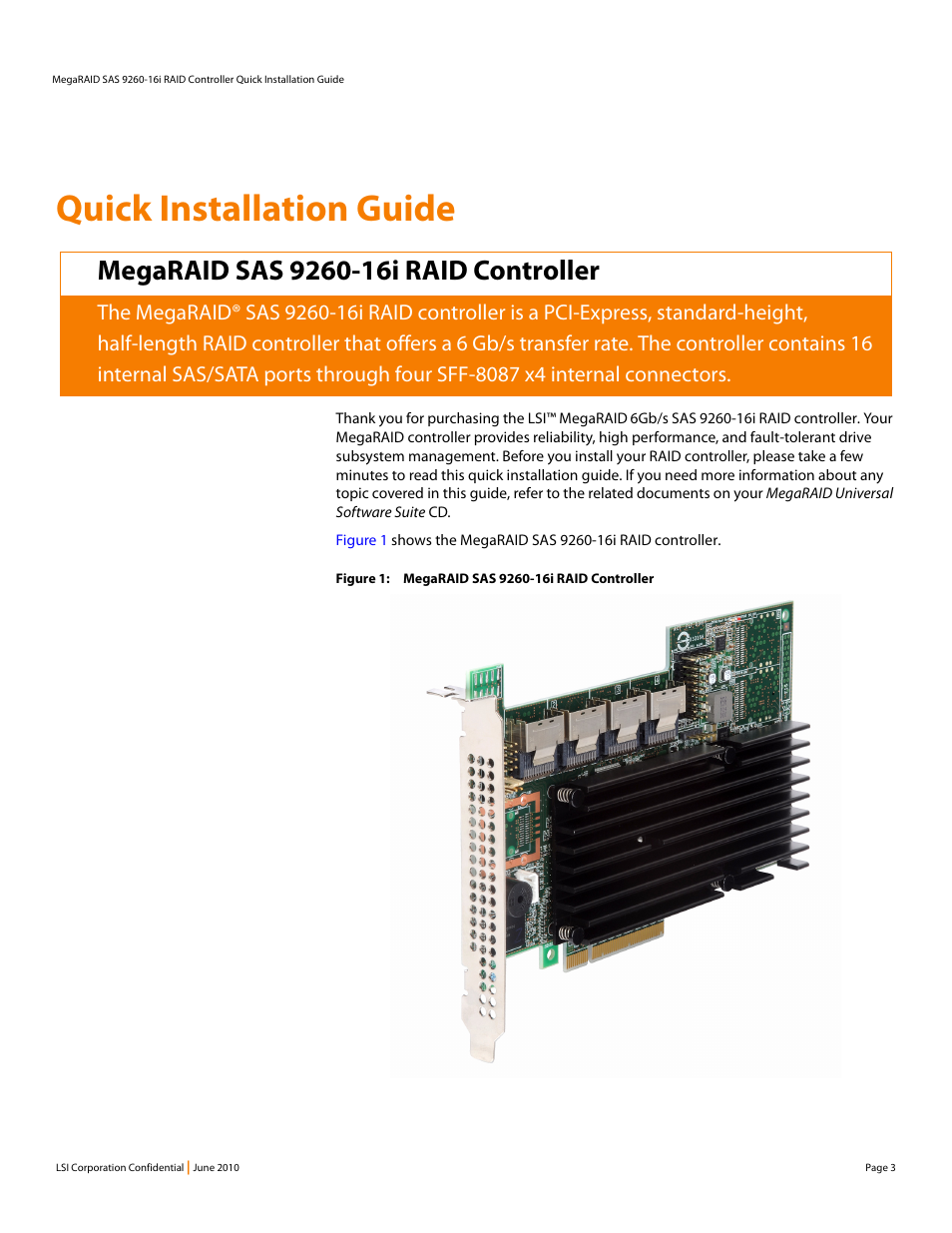 Megaraid sas 9260-16i raid controller, Quick installation guide | Avago Technologies MegaRAID SAS 9260-16i User Manual | Page 3 / 12