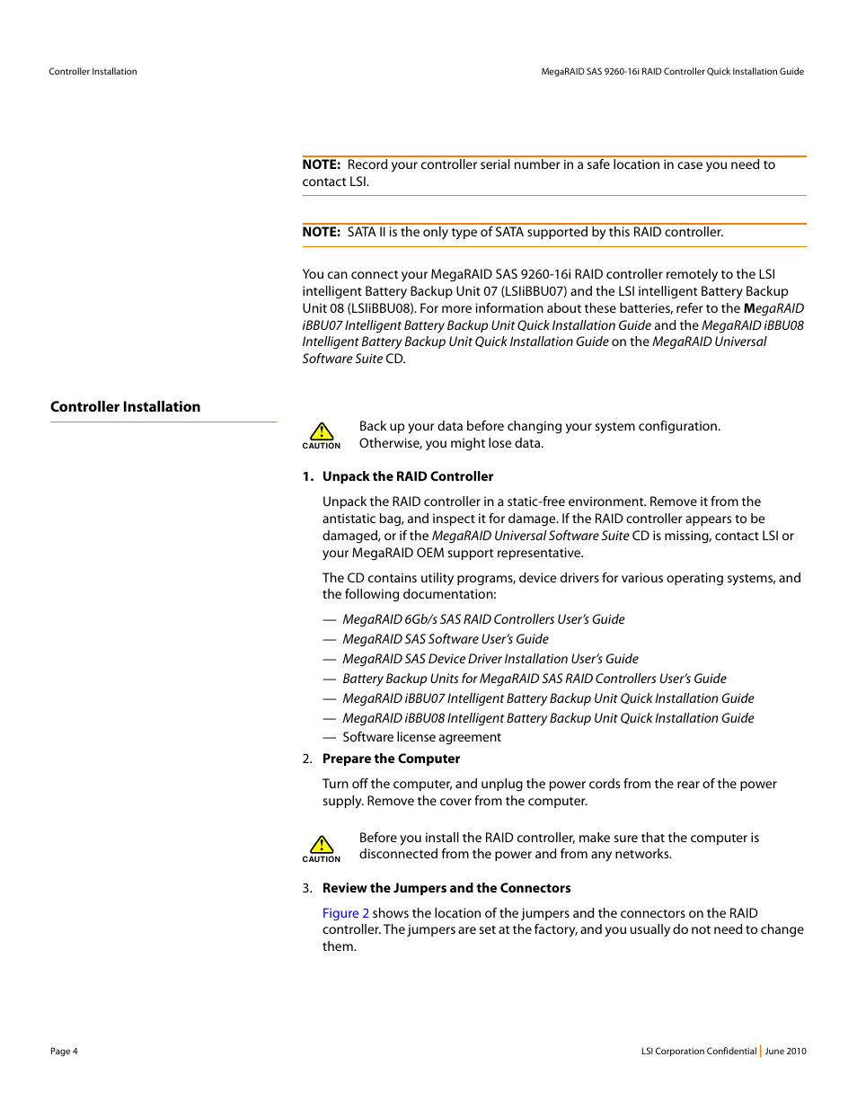 Controller installation | Avago Technologies MegaRAID SAS 9260-16i User Manual | Page 4 / 12