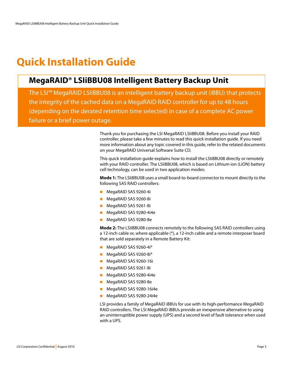 Megaraid lsiibbu08 intelligent battery backup unit, Quick installation guide | Avago Technologies MegaRAID SAS 9260-16i User Manual | Page 3 / 16