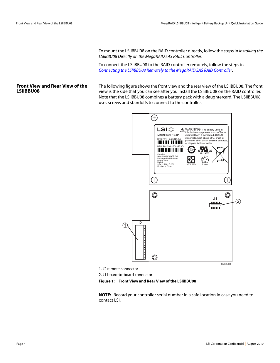 Front view and rear view of the lsiibbu08 | Avago Technologies MegaRAID SAS 9260-16i User Manual | Page 4 / 16