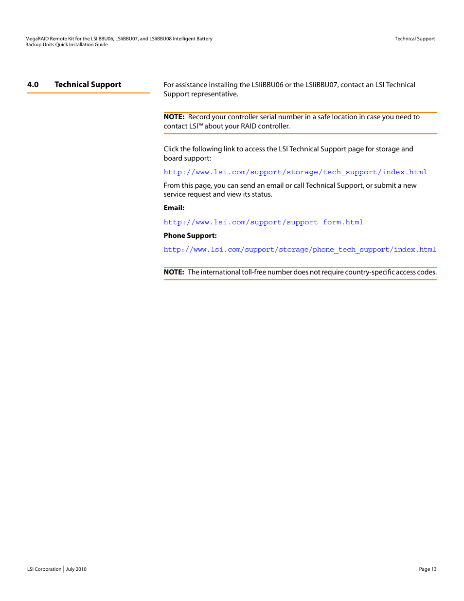 0 technical support | Avago Technologies MegaRAID SAS 9260-16i User Manual | Page 13 / 14