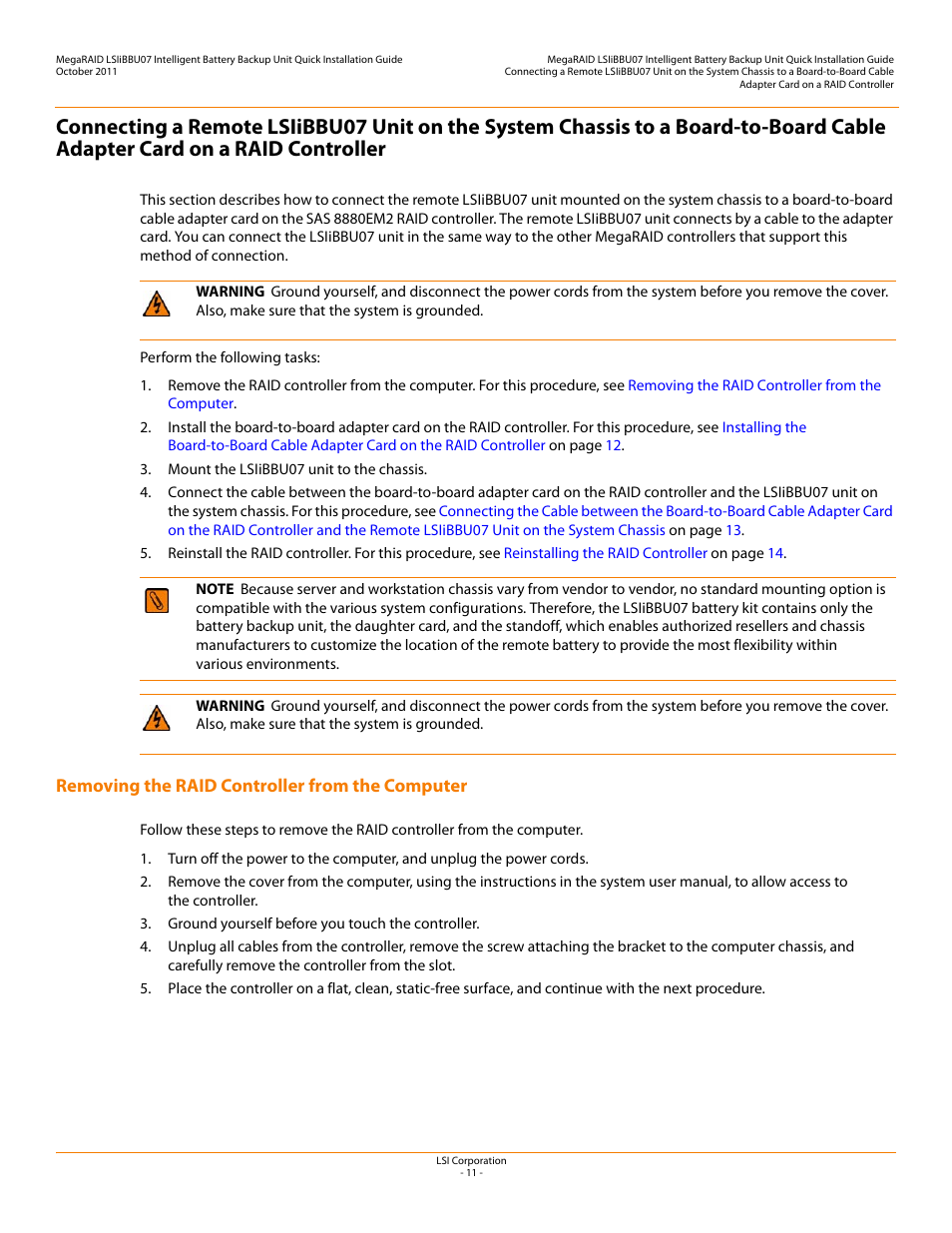 Removing the raid controller from the computer | Avago Technologies MegaRAID SAS 9260-4i User Manual | Page 11 / 22