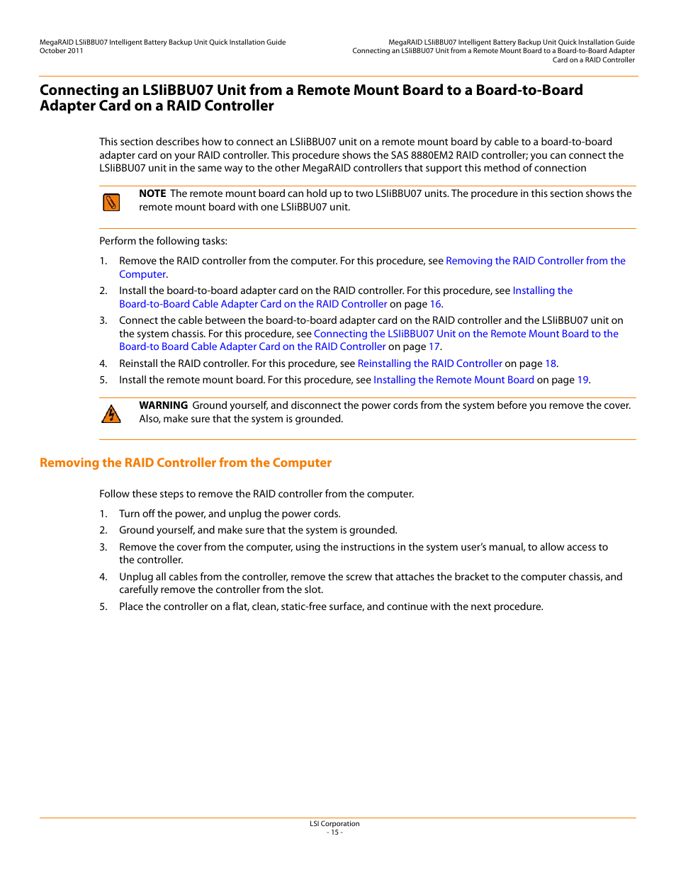 Removing the raid controller from the computer | Avago Technologies MegaRAID SAS 9260-4i User Manual | Page 15 / 22