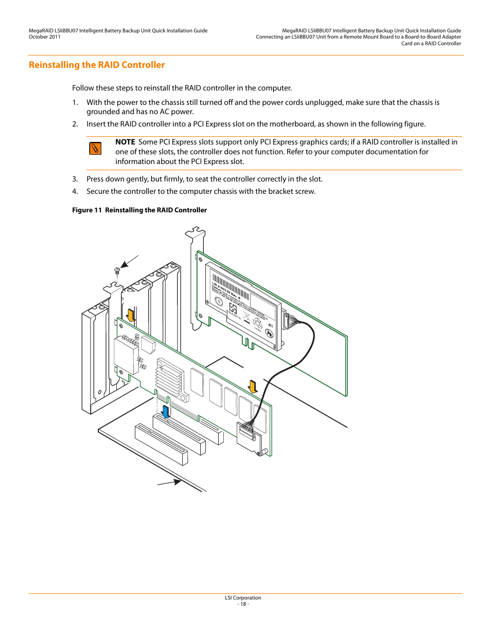 Reinstalling the raid controller | Avago Technologies MegaRAID SAS 9260-4i User Manual | Page 18 / 22