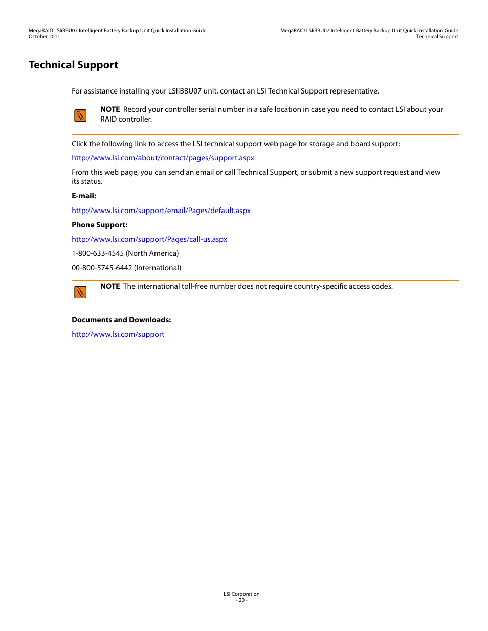 Technical support | Avago Technologies MegaRAID SAS 9260-4i User Manual | Page 20 / 22