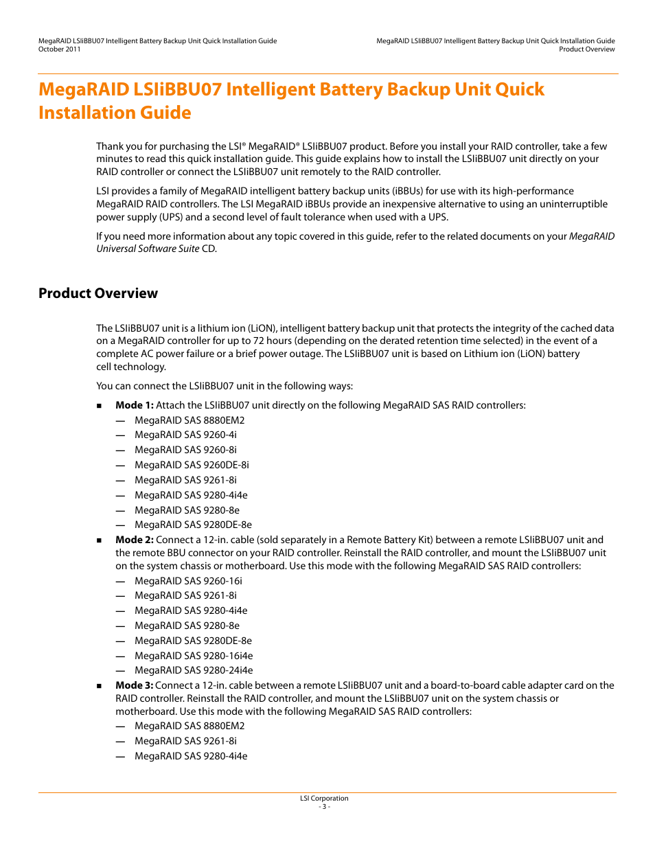 Product overview | Avago Technologies MegaRAID SAS 9260-4i User Manual | Page 3 / 22