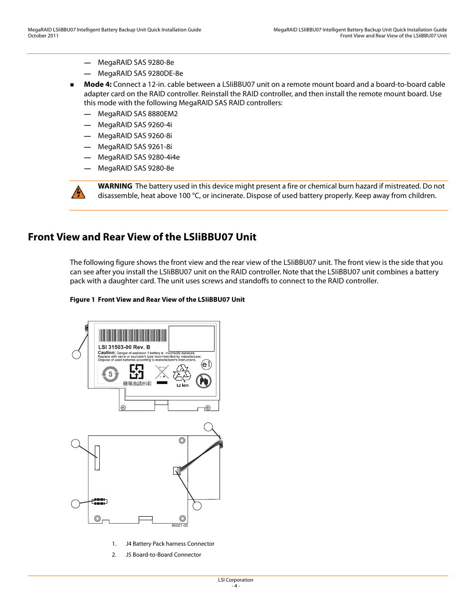 Front view and rear view of the lsiibbu07 unit | Avago Technologies MegaRAID SAS 9260-4i User Manual | Page 4 / 22