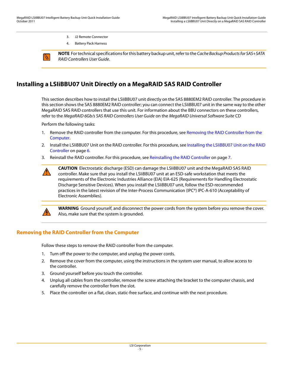 Removing the raid controller from the computer | Avago Technologies MegaRAID SAS 9260-4i User Manual | Page 5 / 22