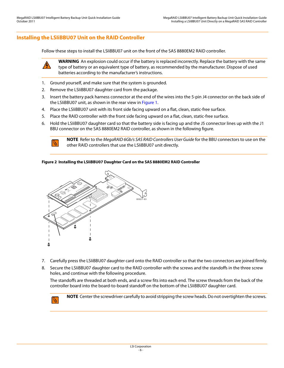 Installing the lsiibbu07 unit on the raid, Controller, Ass em ble din usa . ww yyn 000 0 | Avago Technologies MegaRAID SAS 9260-4i User Manual | Page 6 / 22