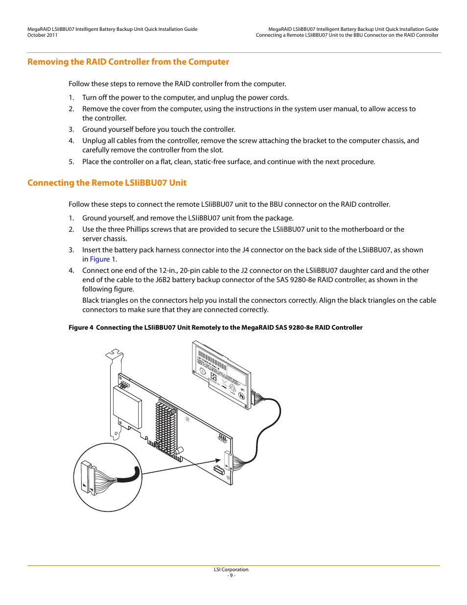 Removing the raid controller from the computer, Connecting the remote lsiibbu07 unit, Removing the raid controller from the | Computer | Avago Technologies MegaRAID SAS 9260-4i User Manual | Page 9 / 22