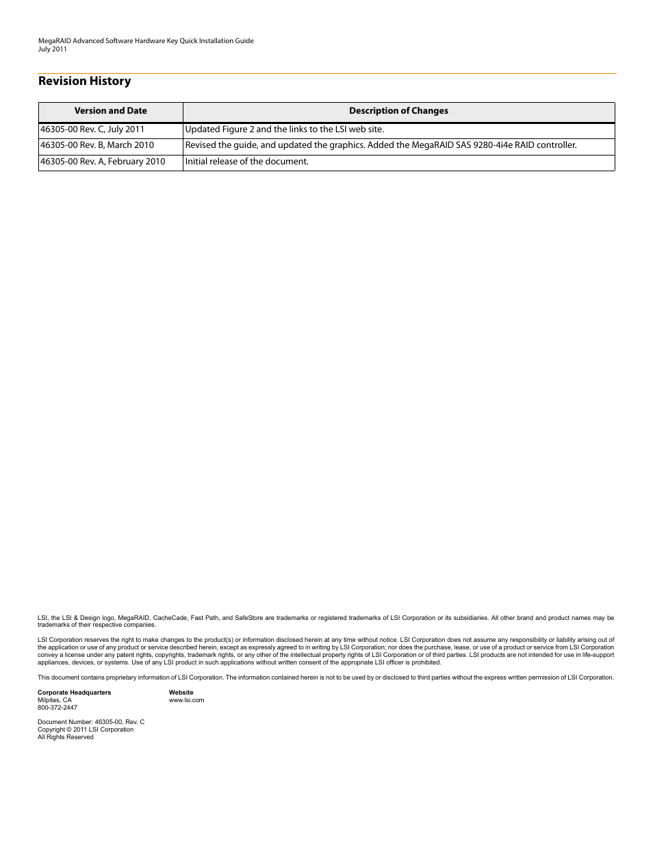 Revision history | Avago Technologies MegaRAID SAS 9260-4i User Manual | Page 2 / 8