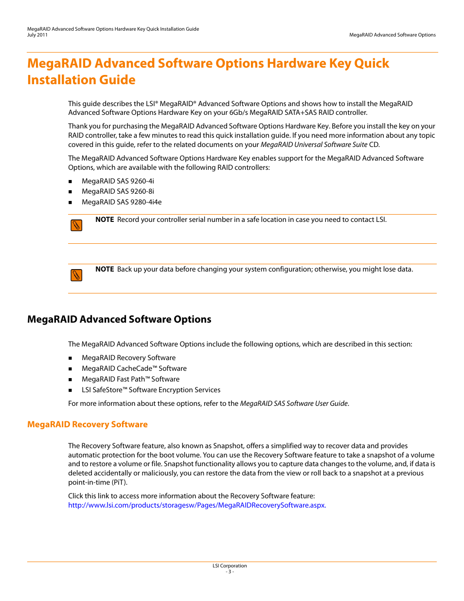 Megaraid advanced software options, Megaraid recovery software | Avago Technologies MegaRAID SAS 9260-4i User Manual | Page 3 / 8