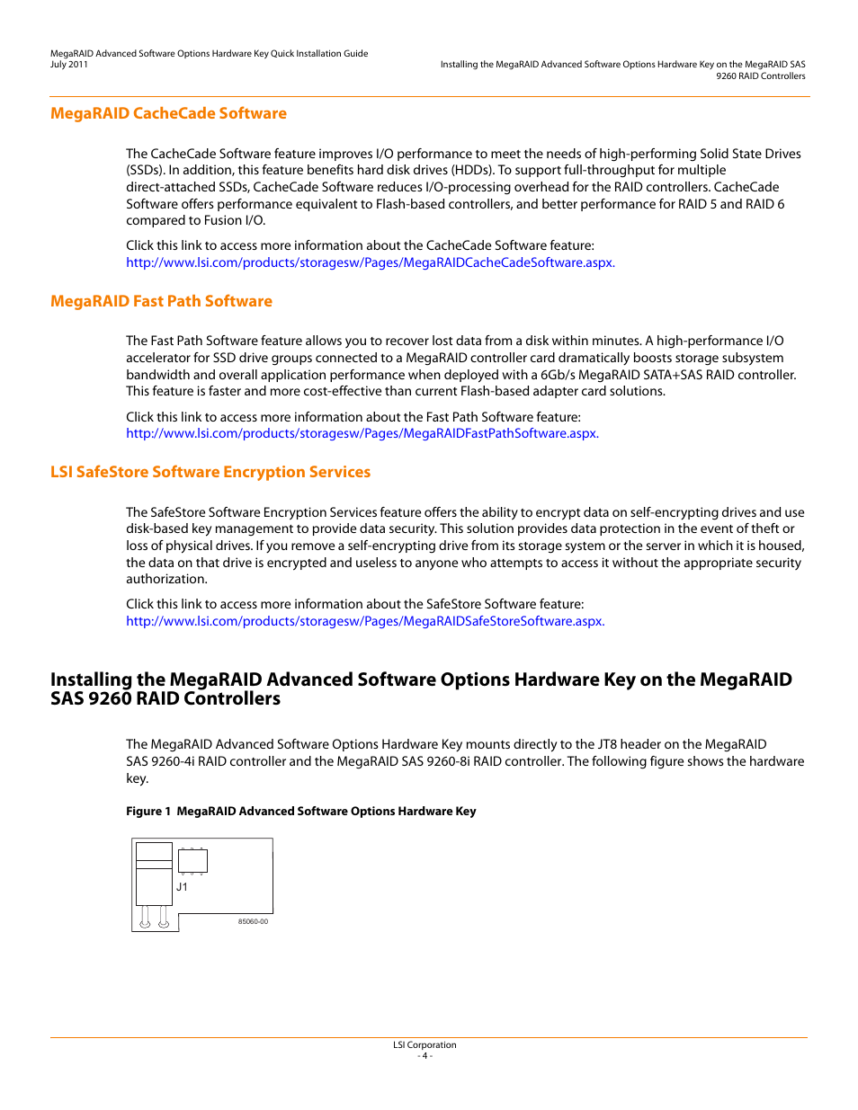 Megaraid cachecade software, Megaraid fast path software, Lsi safestore software encryption services | Avago Technologies MegaRAID SAS 9260-4i User Manual | Page 4 / 8