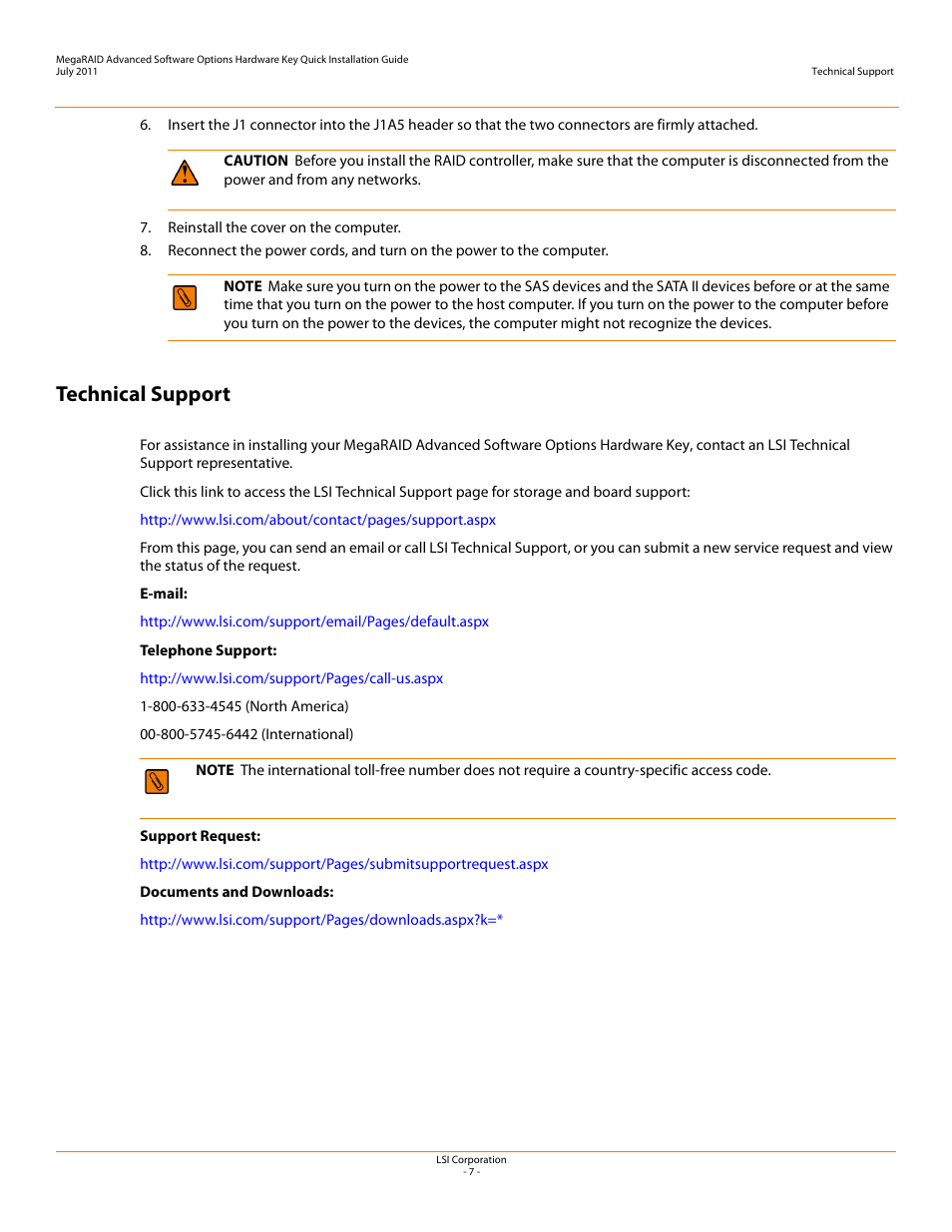 Technical support | Avago Technologies MegaRAID SAS 9260-4i User Manual | Page 7 / 8