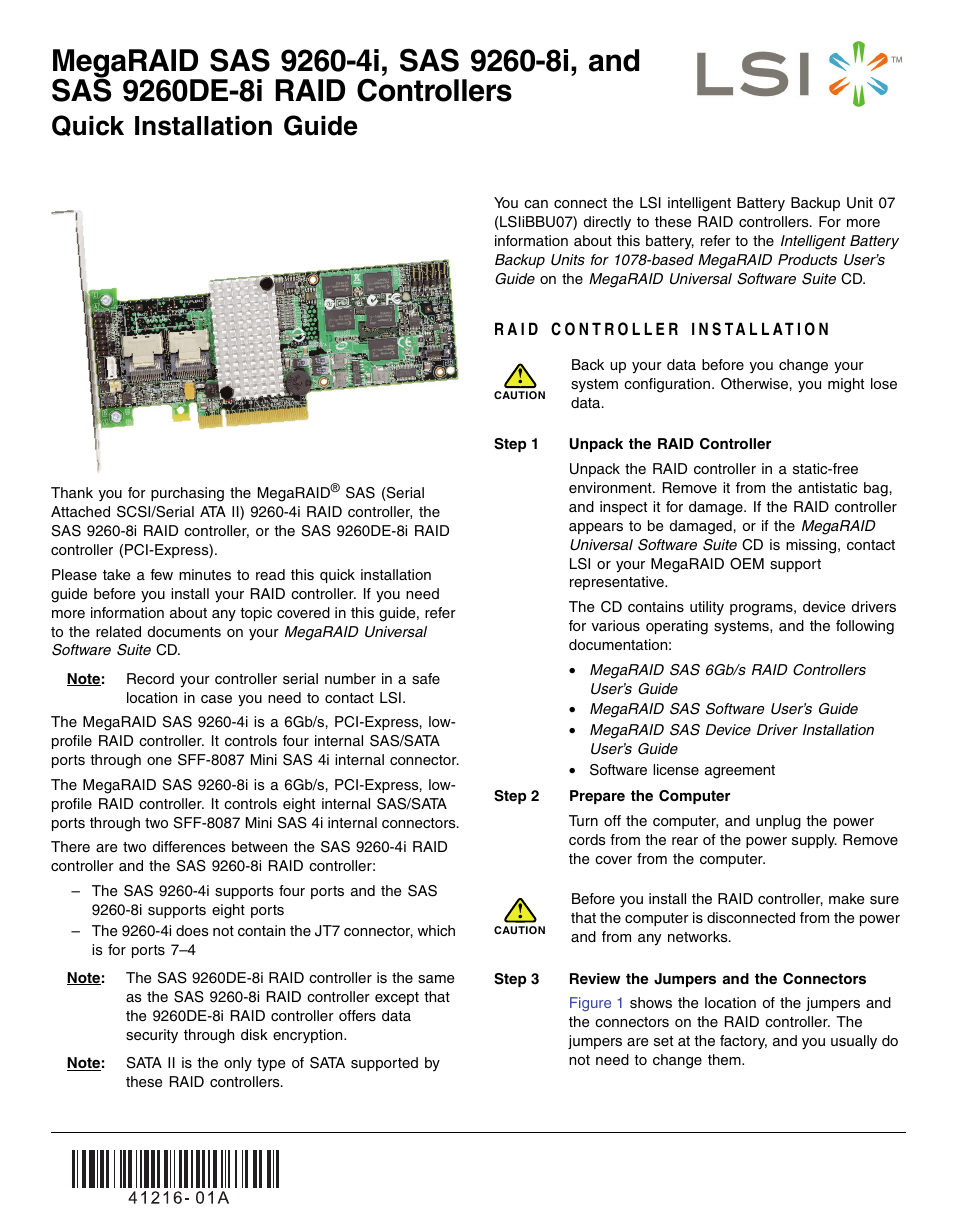 Avago Technologies MegaRAID SAS 9260-4i User Manual | 4 pages