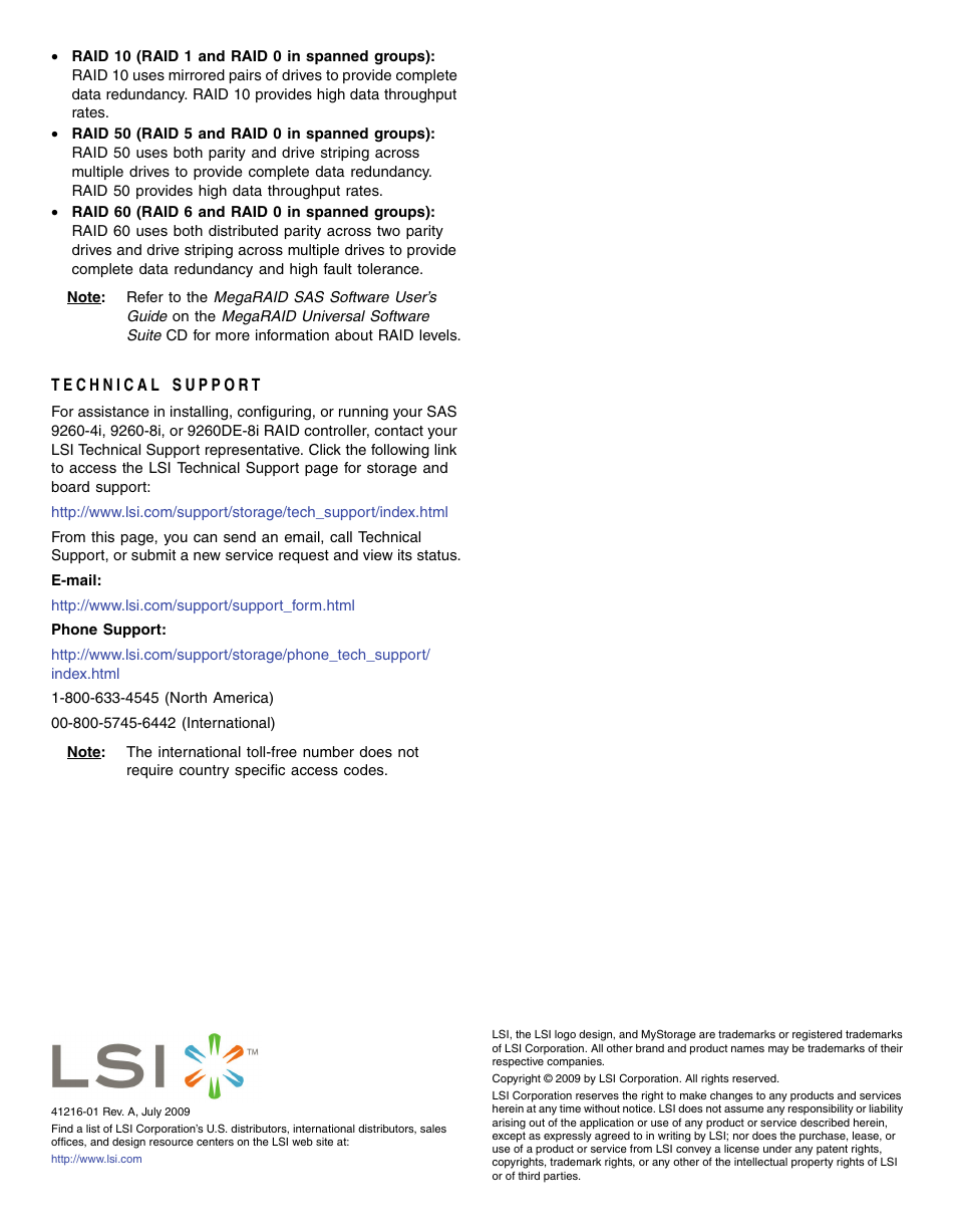 Technical support, Copyright notice | Avago Technologies MegaRAID SAS 9260-4i User Manual | Page 4 / 4