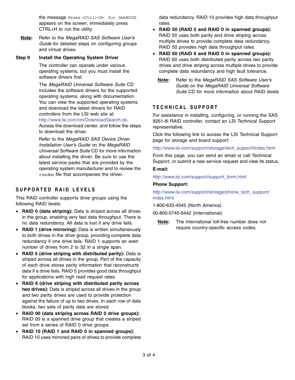 Supported raid levels, Technical support | Avago Technologies MegaRAID SAS 9261-8i User Manual | Page 3 / 4