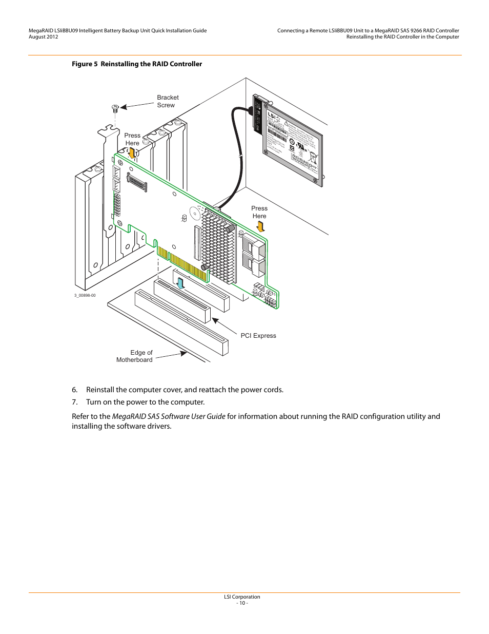 Figure 5 reinstalling the raid controller | Avago Technologies MegaRAID SAS 9266-4i User Manual | Page 10 / 20