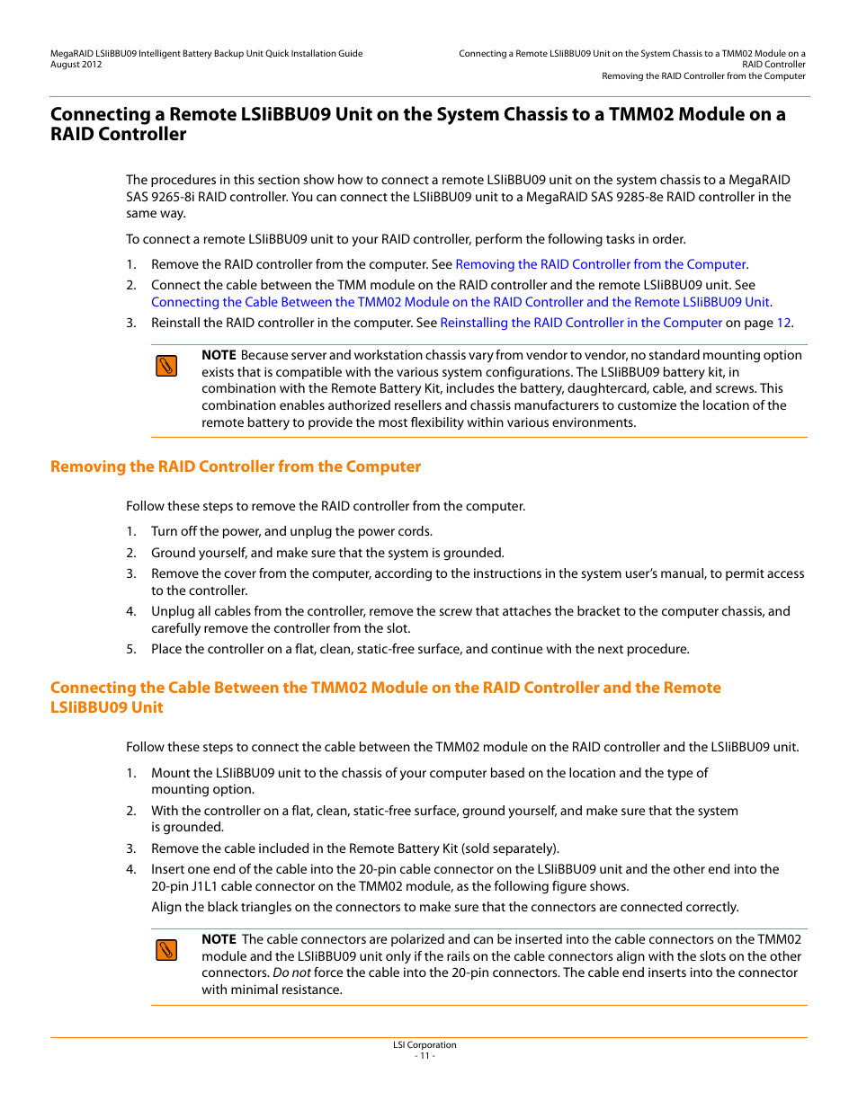 Removing the raid controller from the computer, On a raid controller | Avago Technologies MegaRAID SAS 9266-4i User Manual | Page 11 / 20