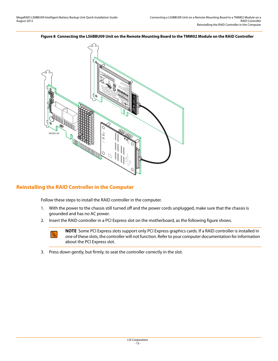 Reinstalling the raid controller in the computer | Avago Technologies MegaRAID SAS 9266-4i User Manual | Page 15 / 20
