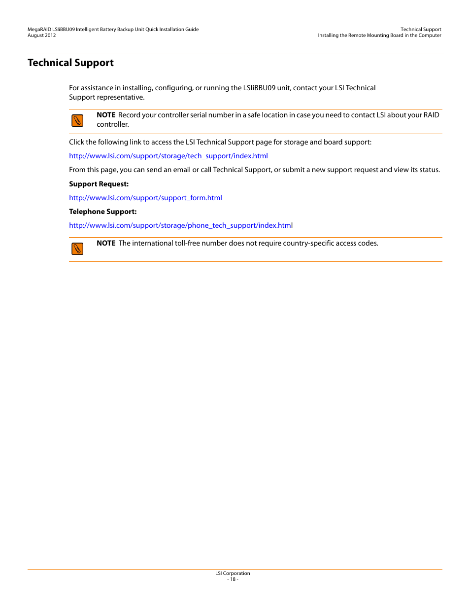 Technical support | Avago Technologies MegaRAID SAS 9266-4i User Manual | Page 18 / 20