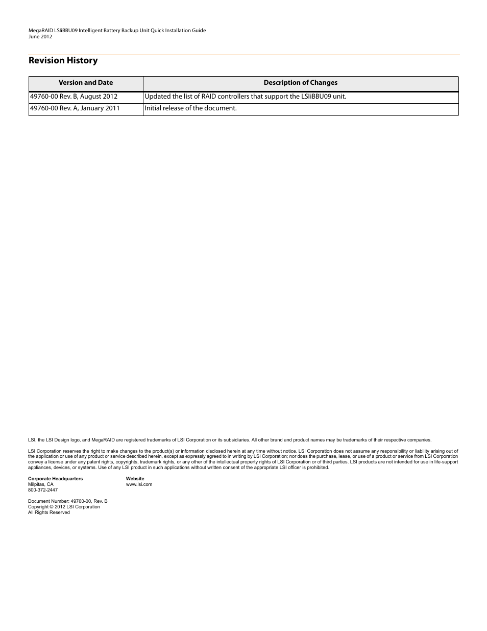 Revision history | Avago Technologies MegaRAID SAS 9266-4i User Manual | Page 2 / 20