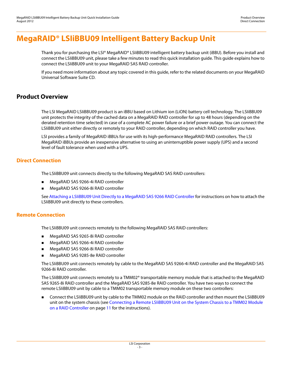 Product overview, Direct connection, Remote connection | Avago Technologies MegaRAID SAS 9266-4i User Manual | Page 3 / 20