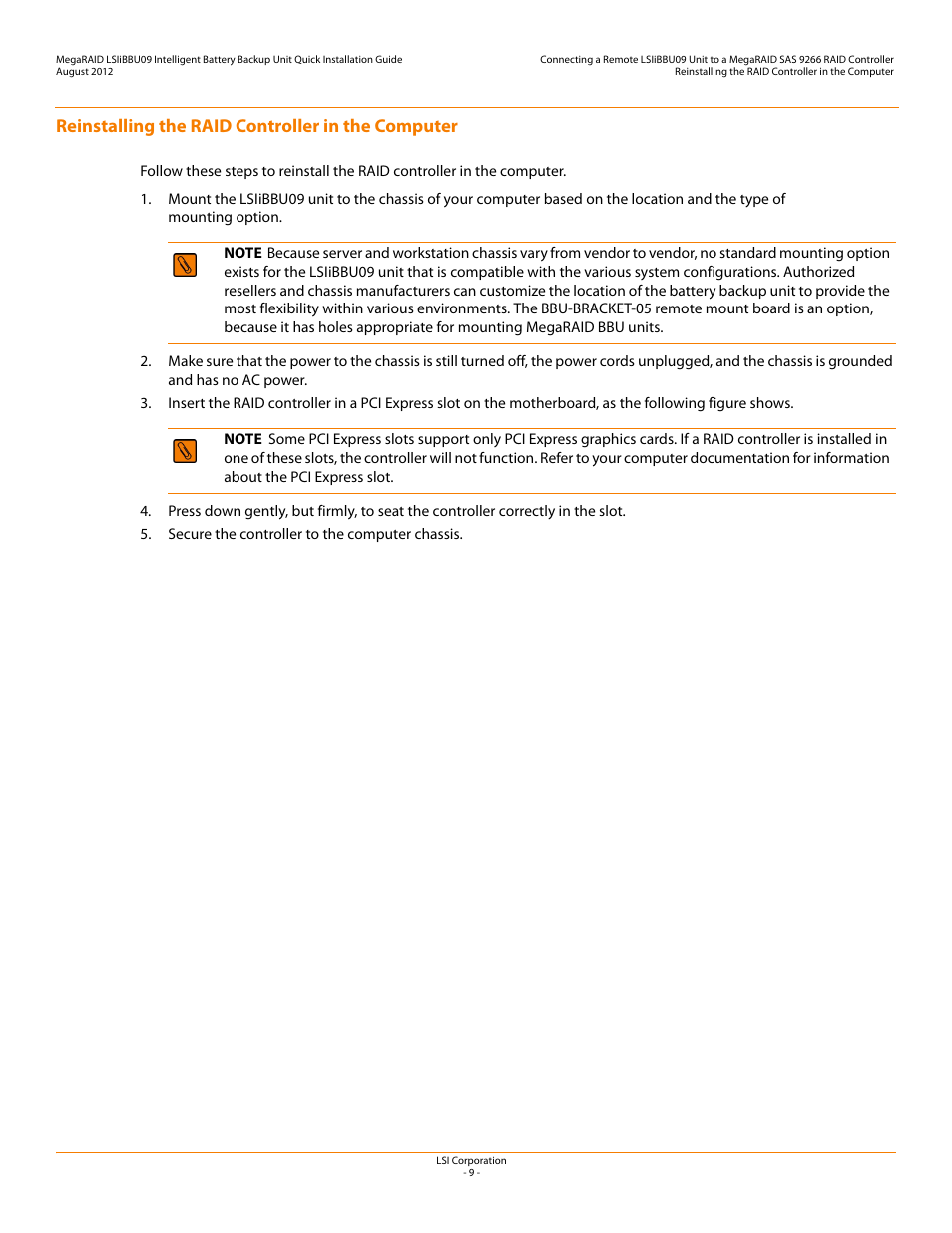 Reinstalling the raid controller in the computer | Avago Technologies MegaRAID SAS 9266-4i User Manual | Page 9 / 20