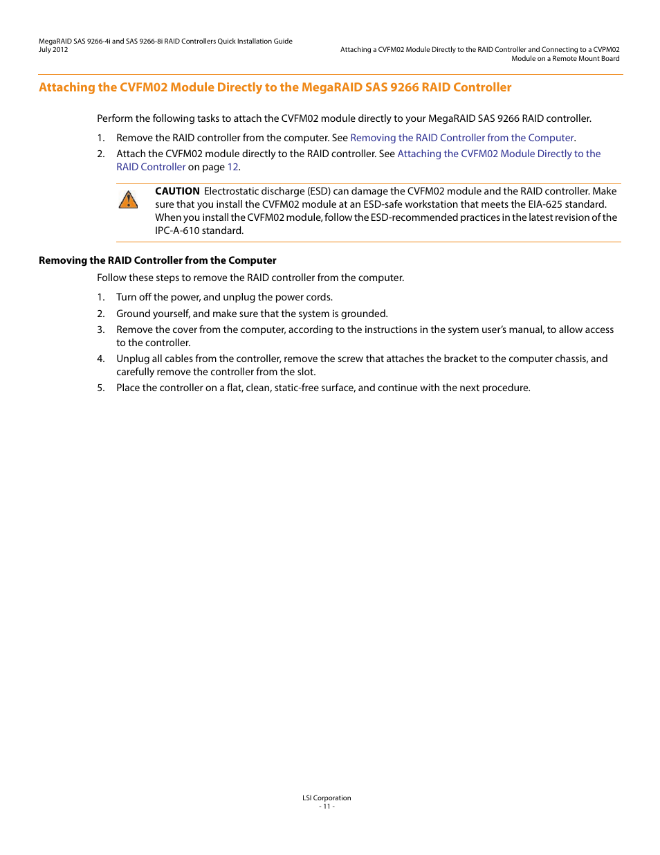 Removing the raid controller from the computer | Avago Technologies MegaRAID SAS 9266-4i User Manual | Page 11 / 26