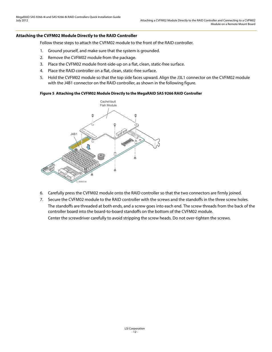 Attaching the cvfm02 module directly to the, Raid controller | Avago Technologies MegaRAID SAS 9266-4i User Manual | Page 12 / 26