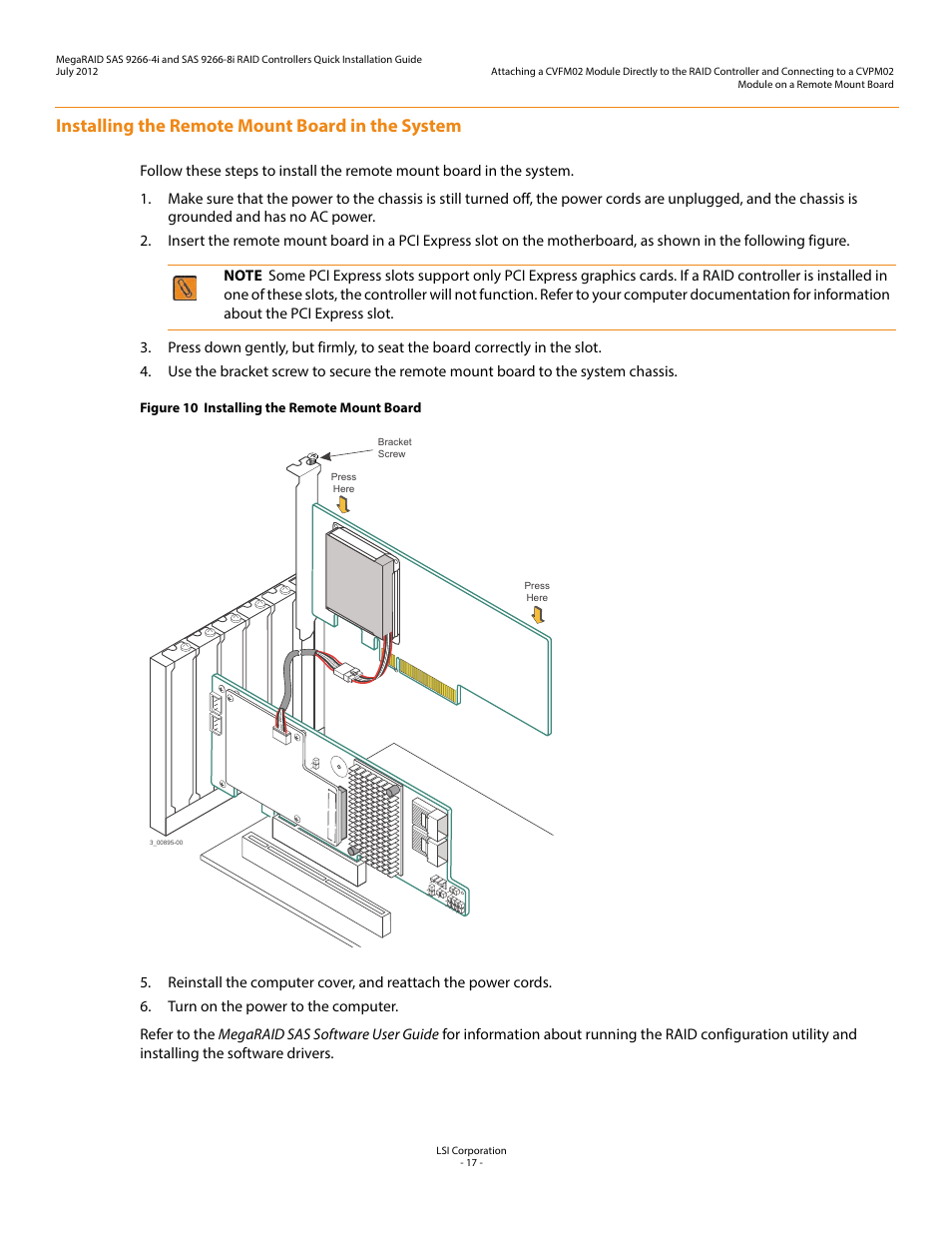 Installing the remote mount board in the system | Avago Technologies MegaRAID SAS 9266-4i User Manual | Page 17 / 26