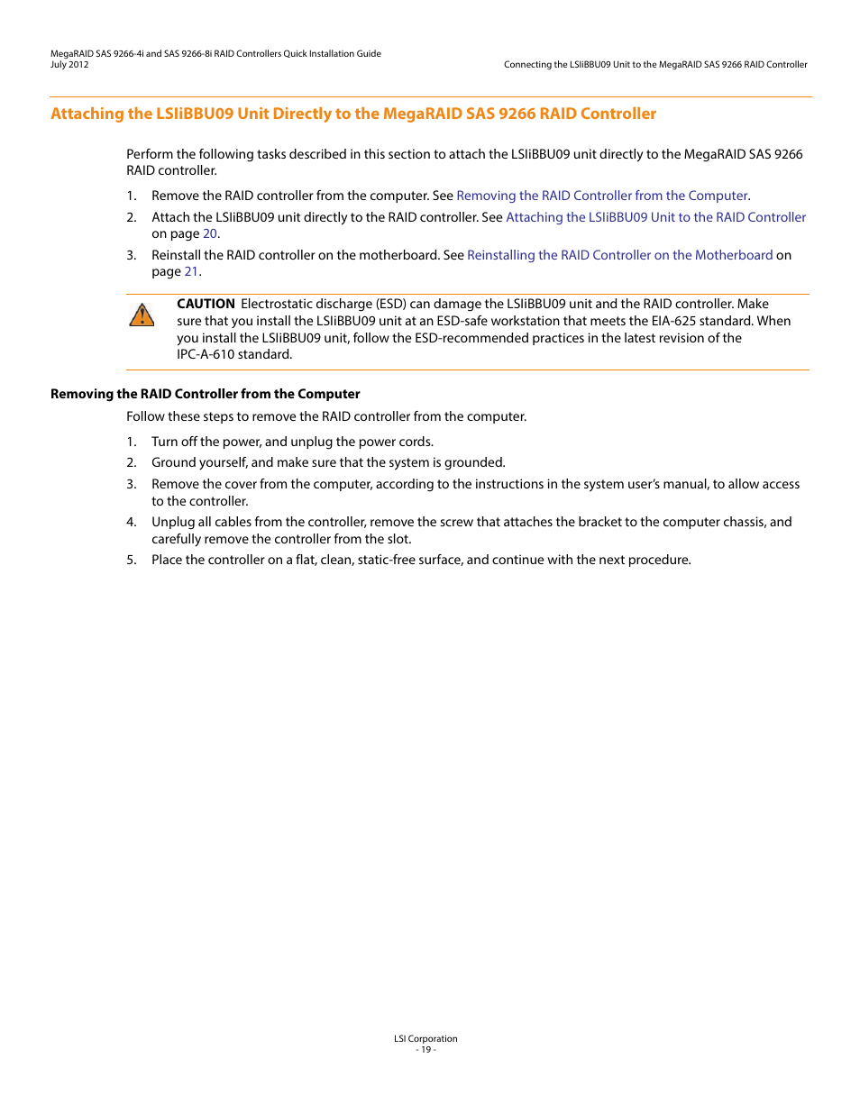 Removing the raid controller from the computer | Avago Technologies MegaRAID SAS 9266-4i User Manual | Page 19 / 26