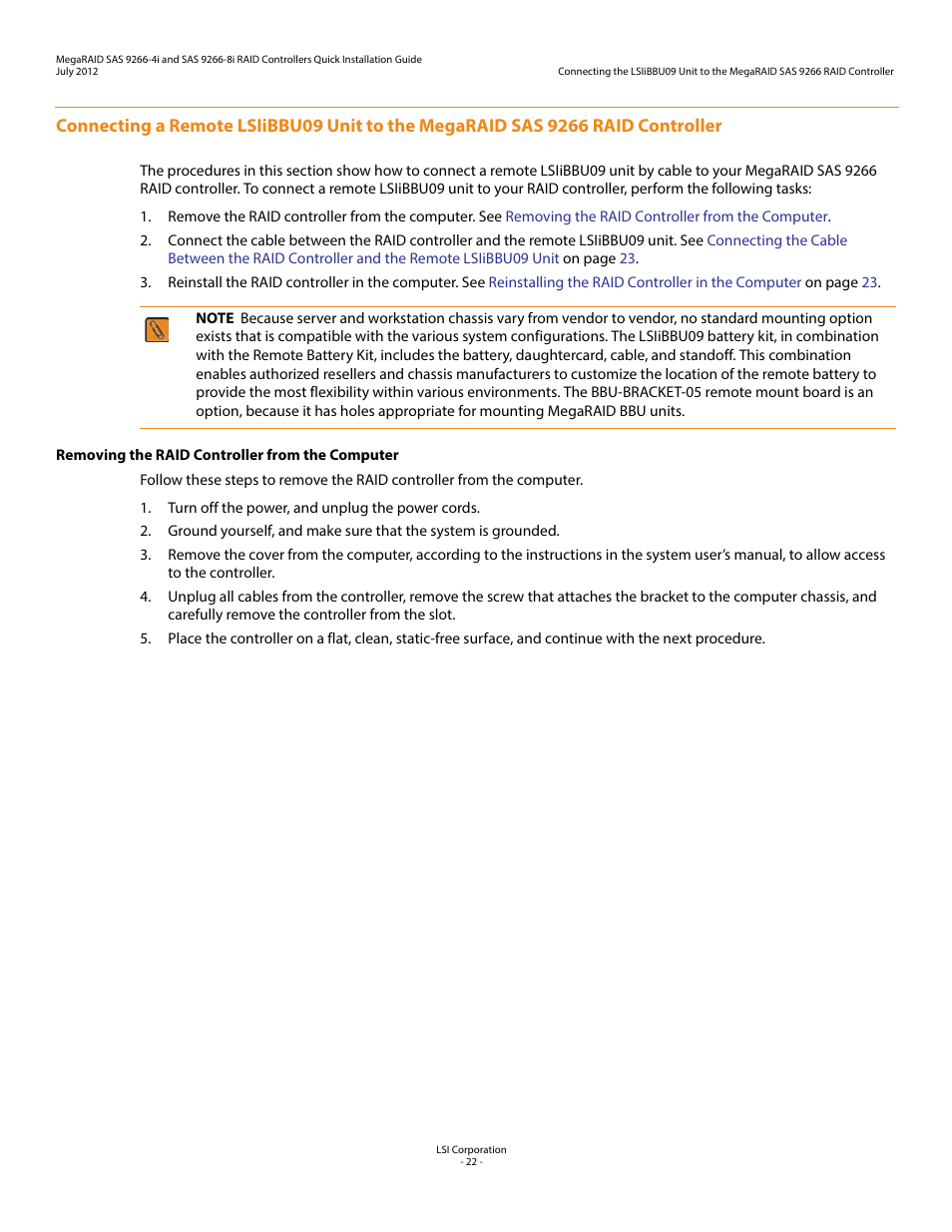 Removing the raid controller from the computer | Avago Technologies MegaRAID SAS 9266-4i User Manual | Page 22 / 26