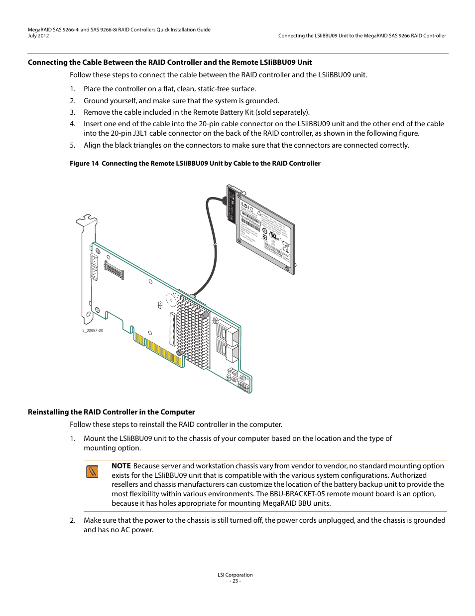 Reinstalling the raid controller in the computer, Connecting the cable | Avago Technologies MegaRAID SAS 9266-4i User Manual | Page 23 / 26