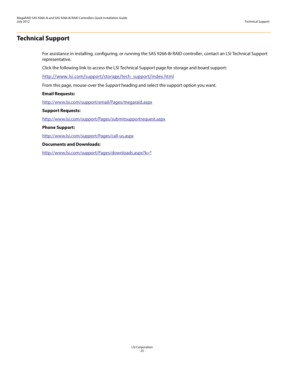 Technical support | Avago Technologies MegaRAID SAS 9266-4i User Manual | Page 25 / 26