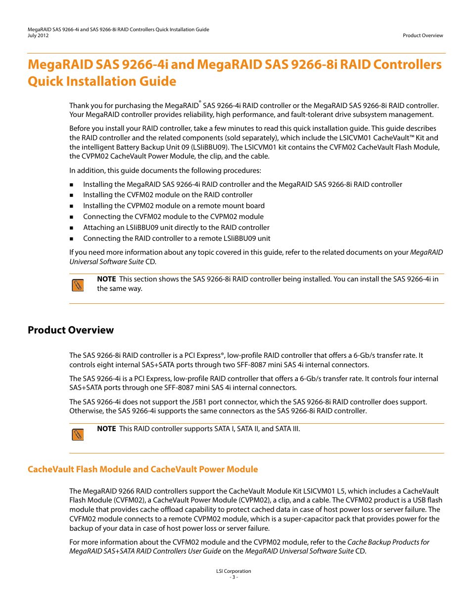 Product overview | Avago Technologies MegaRAID SAS 9266-4i User Manual | Page 3 / 26
