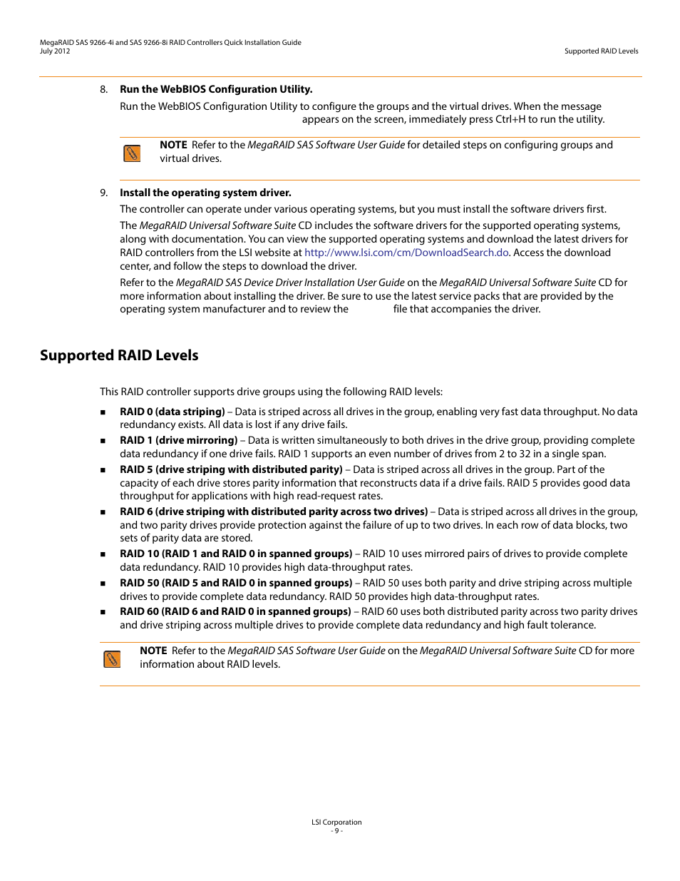 Supported raid levels | Avago Technologies MegaRAID SAS 9266-4i User Manual | Page 9 / 26
