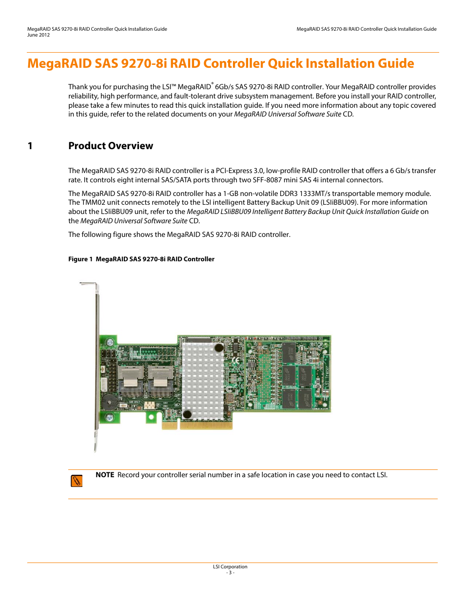 1 product overview, 1product overview | Avago Technologies MegaRAID SAS 9270-8i User Manual | Page 3 / 12