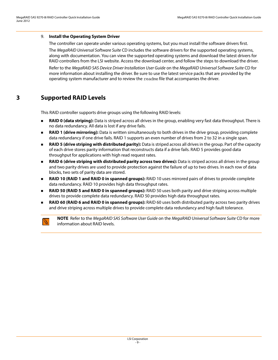3 supported raid levels, 3supported raid levels | Avago Technologies MegaRAID SAS 9270-8i User Manual | Page 9 / 12