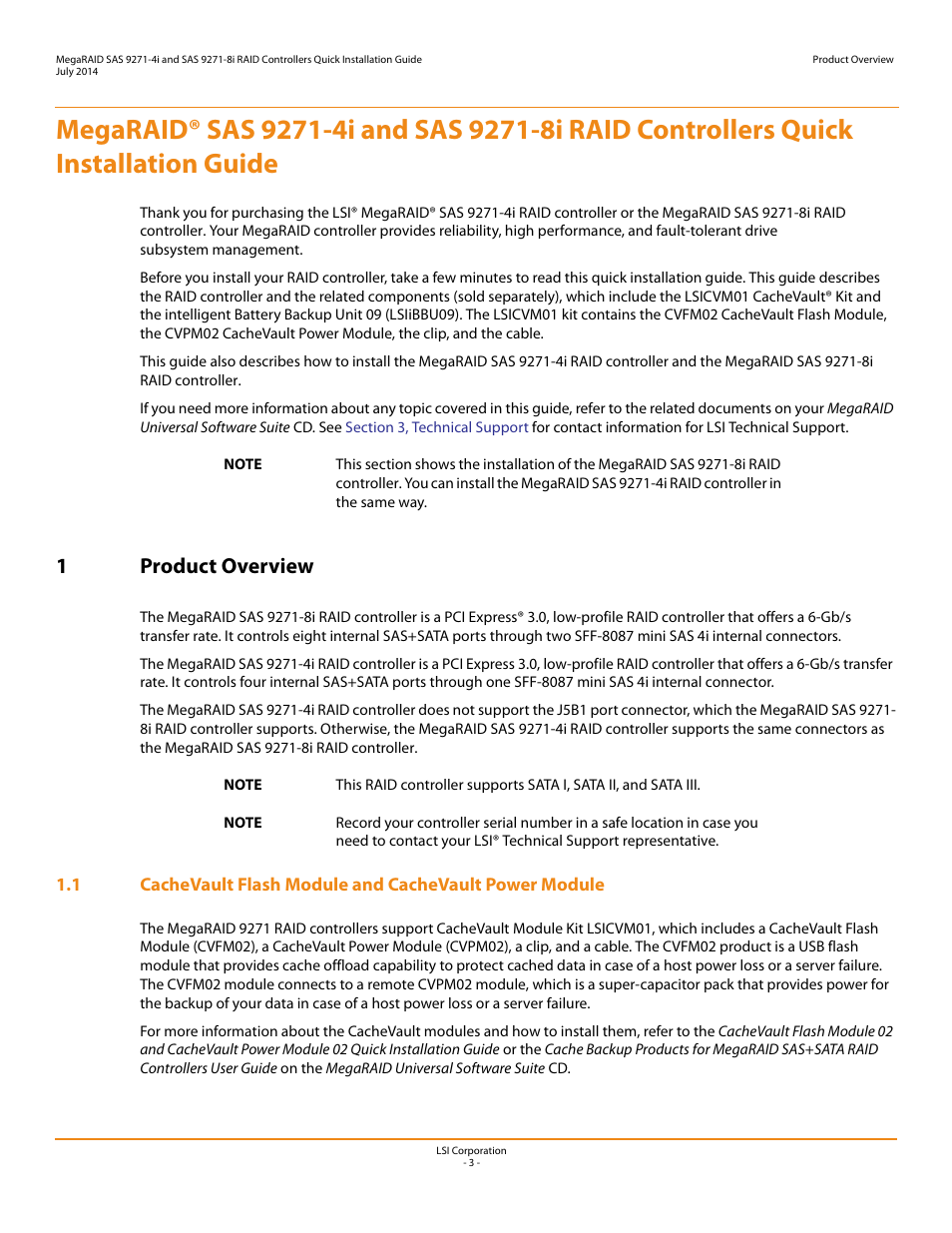 1 product overview, 1product overview | Avago Technologies MegaRAID SAS 9271-4i User Manual | Page 3 / 8