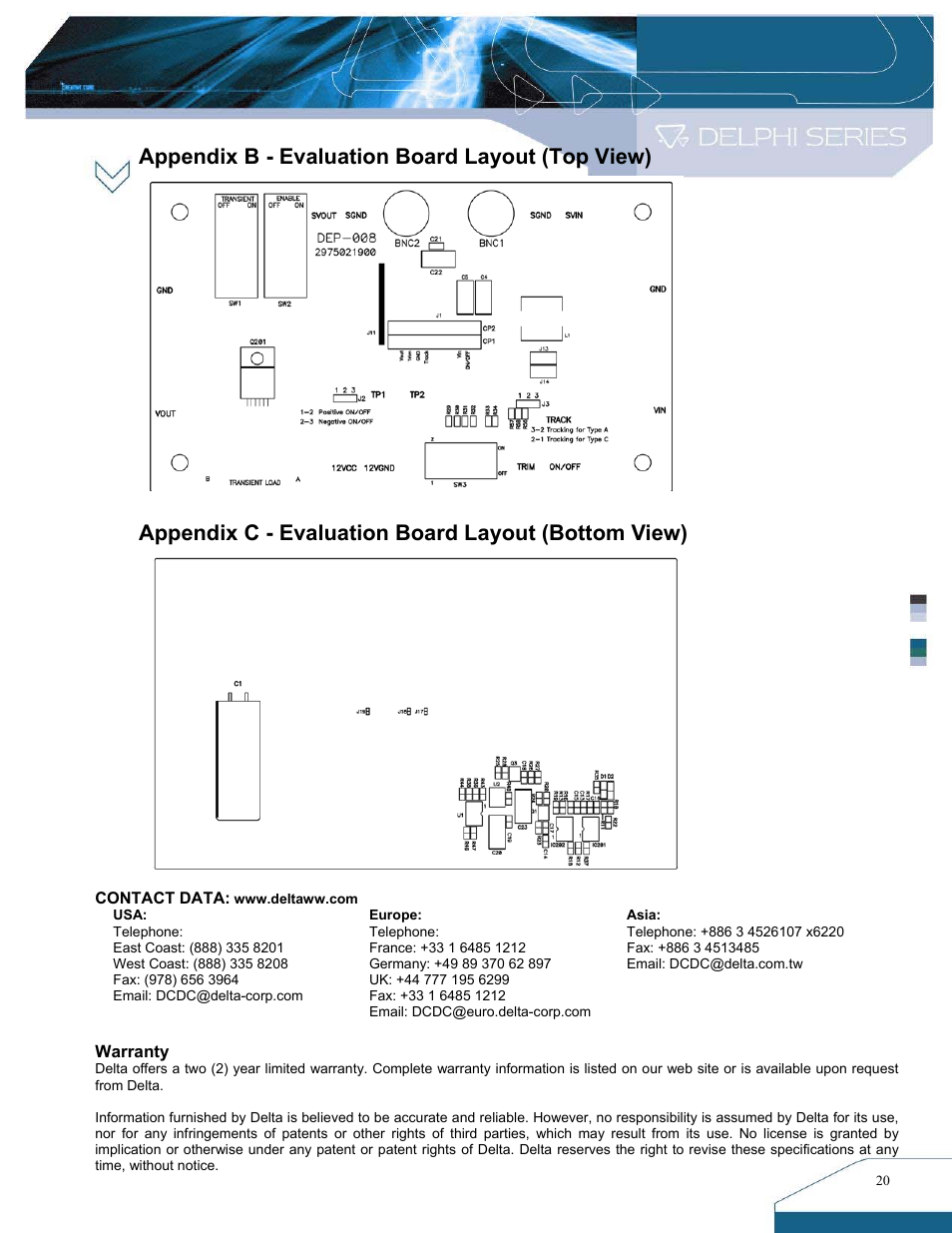 Appendix b - evaluation board layout (top view), Appendix c - evaluation board layout (bottom view) | Delta Electronics DNS SIP Series User Manual | Page 20 / 20