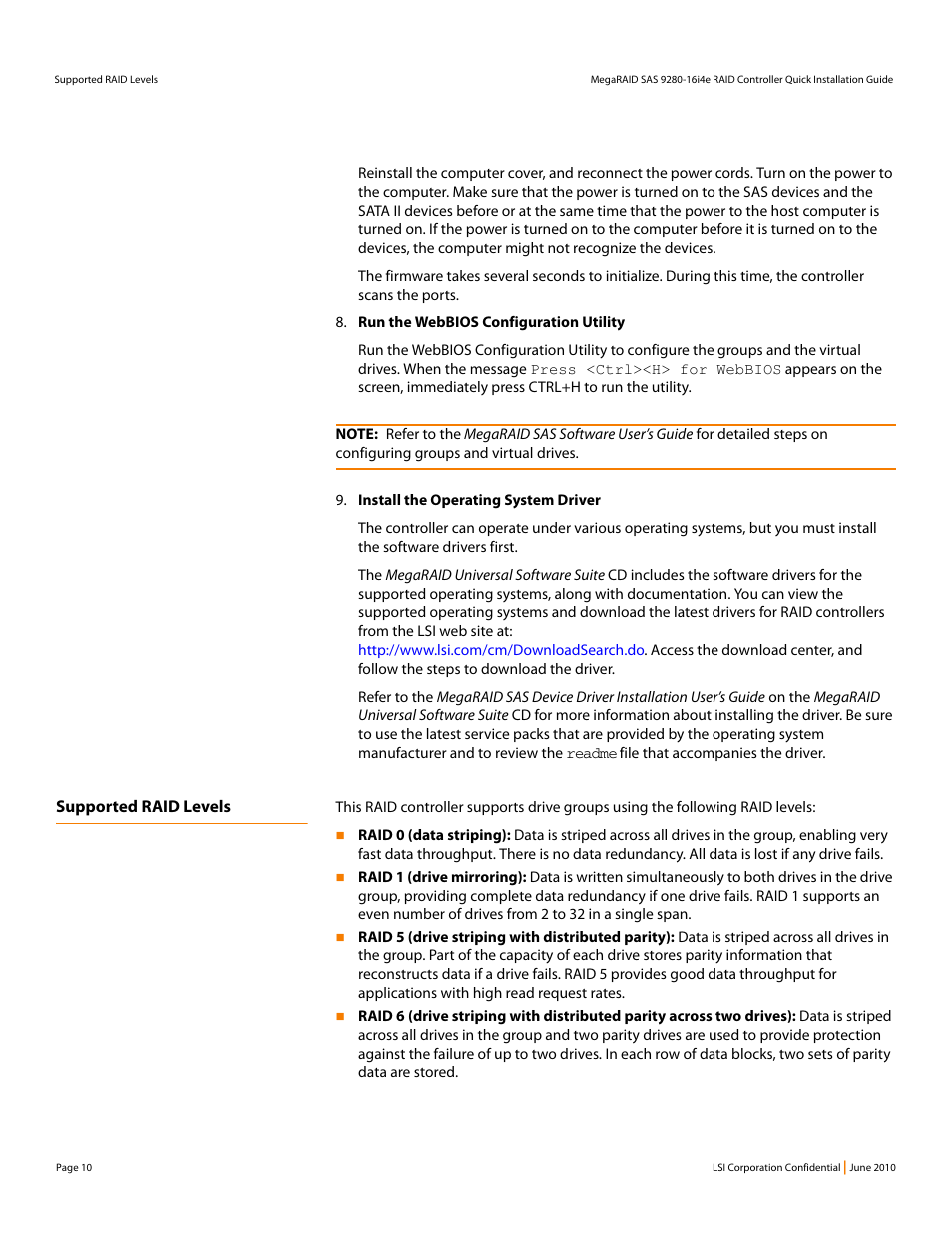 Supported raid levels | Avago Technologies MegaRAID SAS 9280-16i4e User Manual | Page 10 / 12