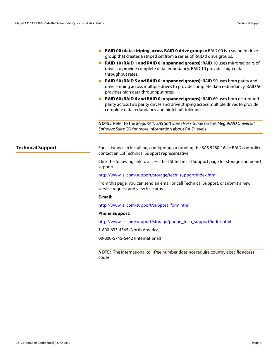 Technical support | Avago Technologies MegaRAID SAS 9280-16i4e User Manual | Page 11 / 12
